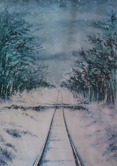 雪の鉄路:水彩P20号 深町宜司作品
