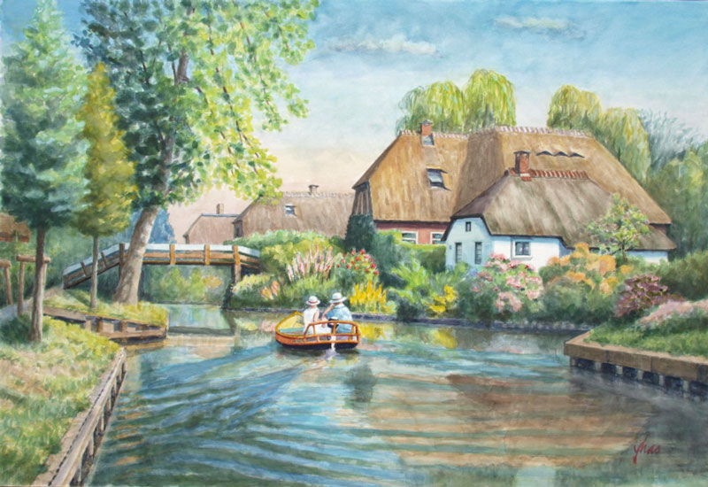 茅葺きの楽園(Giethoorn):水彩P50号 蓮見幸輝作品