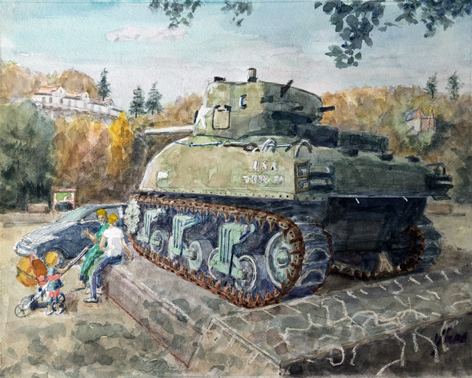 米軍のSherman Tank(南ベルギー):水彩F6号 蓮見幸輝作品