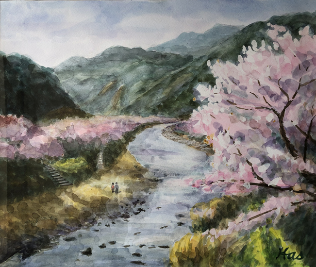 河津川のさくら:水彩F8号 蓮見幸輝作品