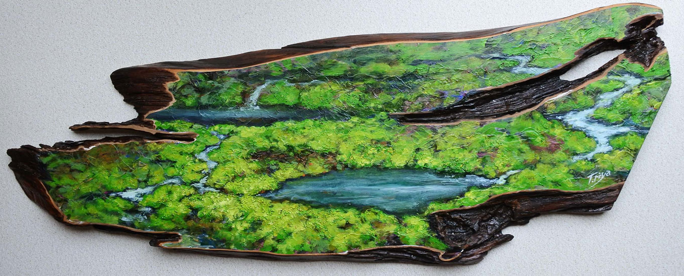 苔(チャツボミゴケの世界):木彩画(油彩)15号変形 入谷 忠作品