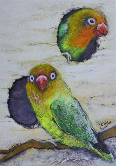 ボタンインコ:アクリル画:F4号 入谷 忠作品