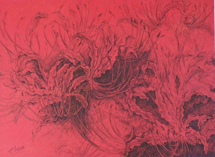 赤い彼岸花:ペン画:F4号 入谷 忠作品