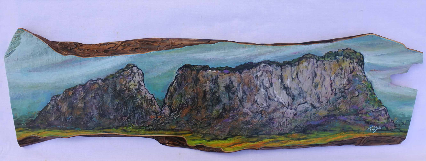 砕石場:木彩画:30×50㎝ 入谷 忠作品