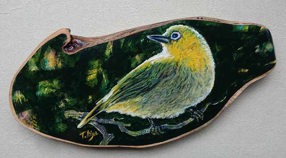 メジロ:木彩画:30×40㎝ 入谷 忠作品
